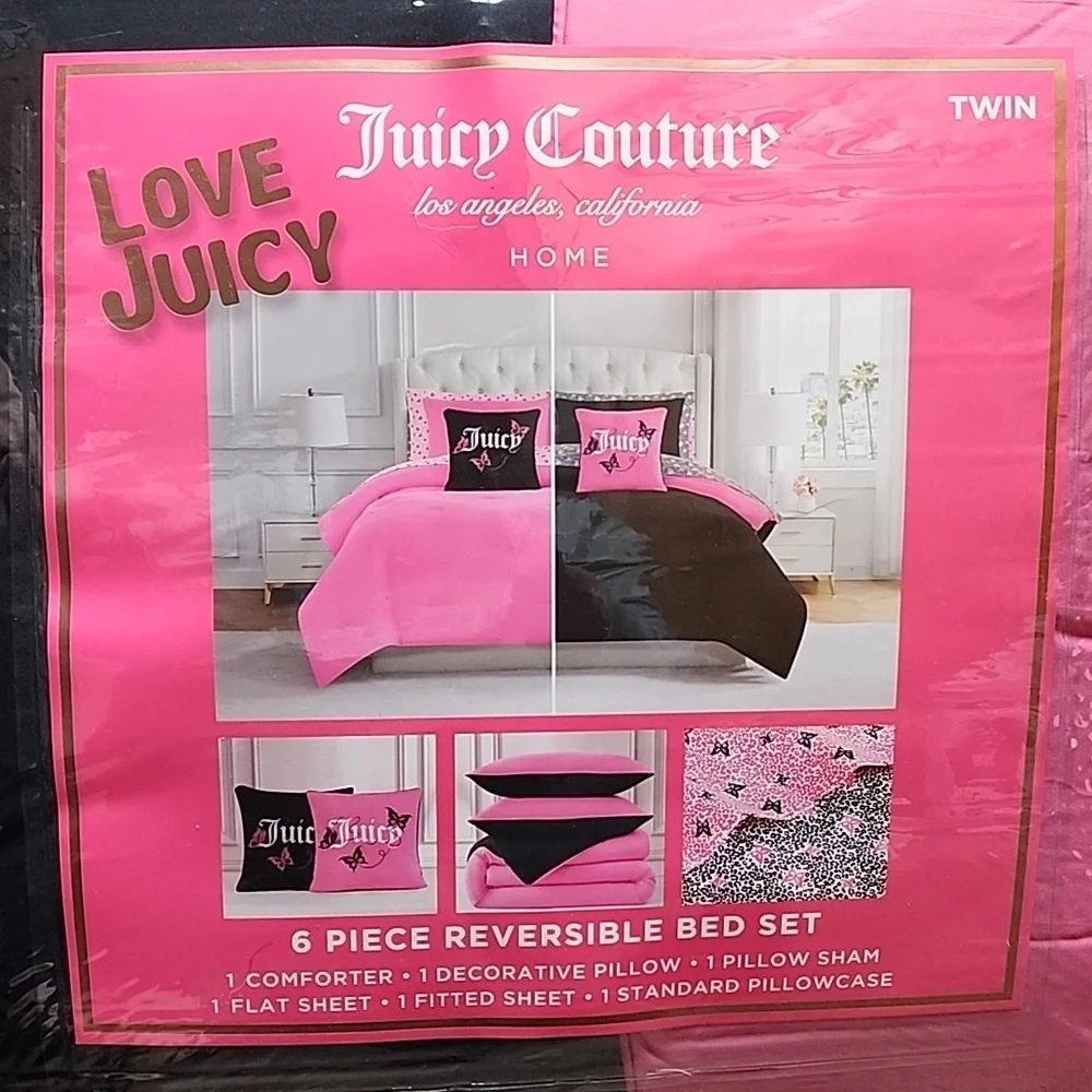Juicy Couture 6 Piece Reversible Comforter Bed Set Pink & Black / Leopard - New
